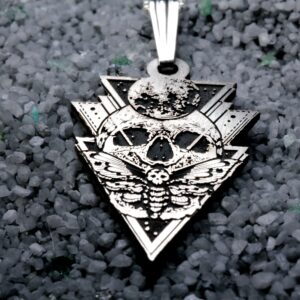 Creepy Skull Necklace | Sterling Silver Moth Pendant | Engraved Geometric Charm | Gothic Style Jewelry | Moon & Night Sky