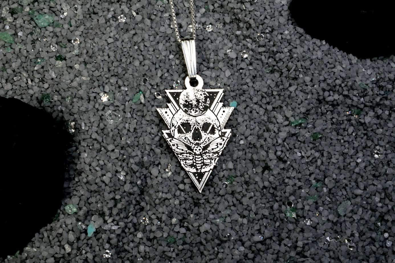 Creepy Skull Necklace | Sterling Silver Moth Pendant | Engraved Geometric Charm | Gothic Style Jewelry | Moon & Night Sky