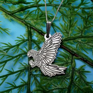 Silver Bird Necklace • Zentangle Macaw Pendant • Animal Lover Jewelry • Mothers Day Gift • Cute Parrot Necklace • Tropical Bird Necklace